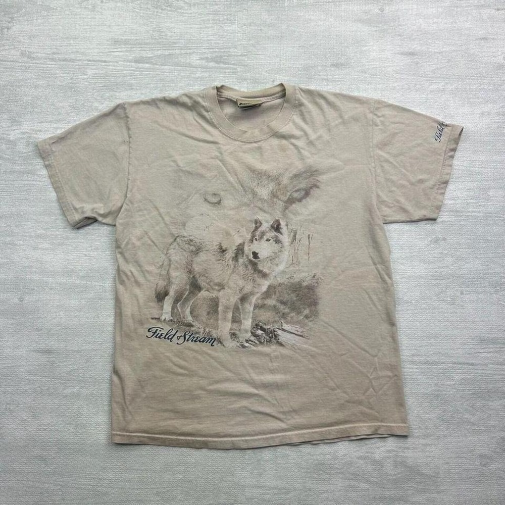 Vintage Field & Stream Shirt Mens Large Beige Wolf Nature Animals Wolf Pack Hunt